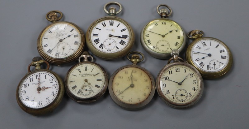 Eight assorted base metal pocket watches.